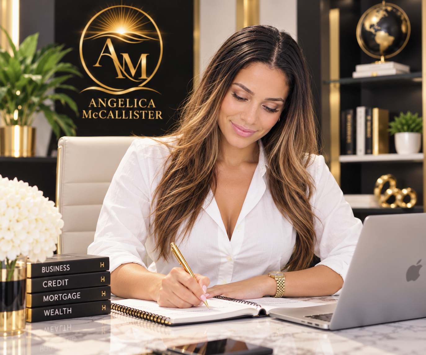 Angelica McCallister writing at a marble desk beside the BUSINESS, CREDIT, MORTGAGE and WEALTH books